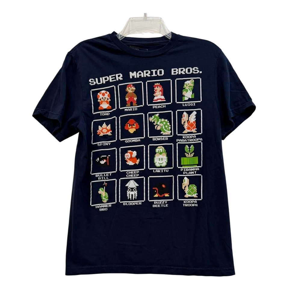Super Mario Bros Nintendo‎ Mens Navy Blue 8-Bit Pixel Character Grid T-Shirt S